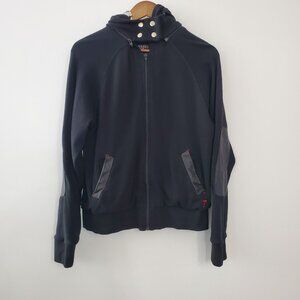 Anglero Mens Black Hooded Full Zip Jacket Size M Pin Up Girl Lined Elbow Patches